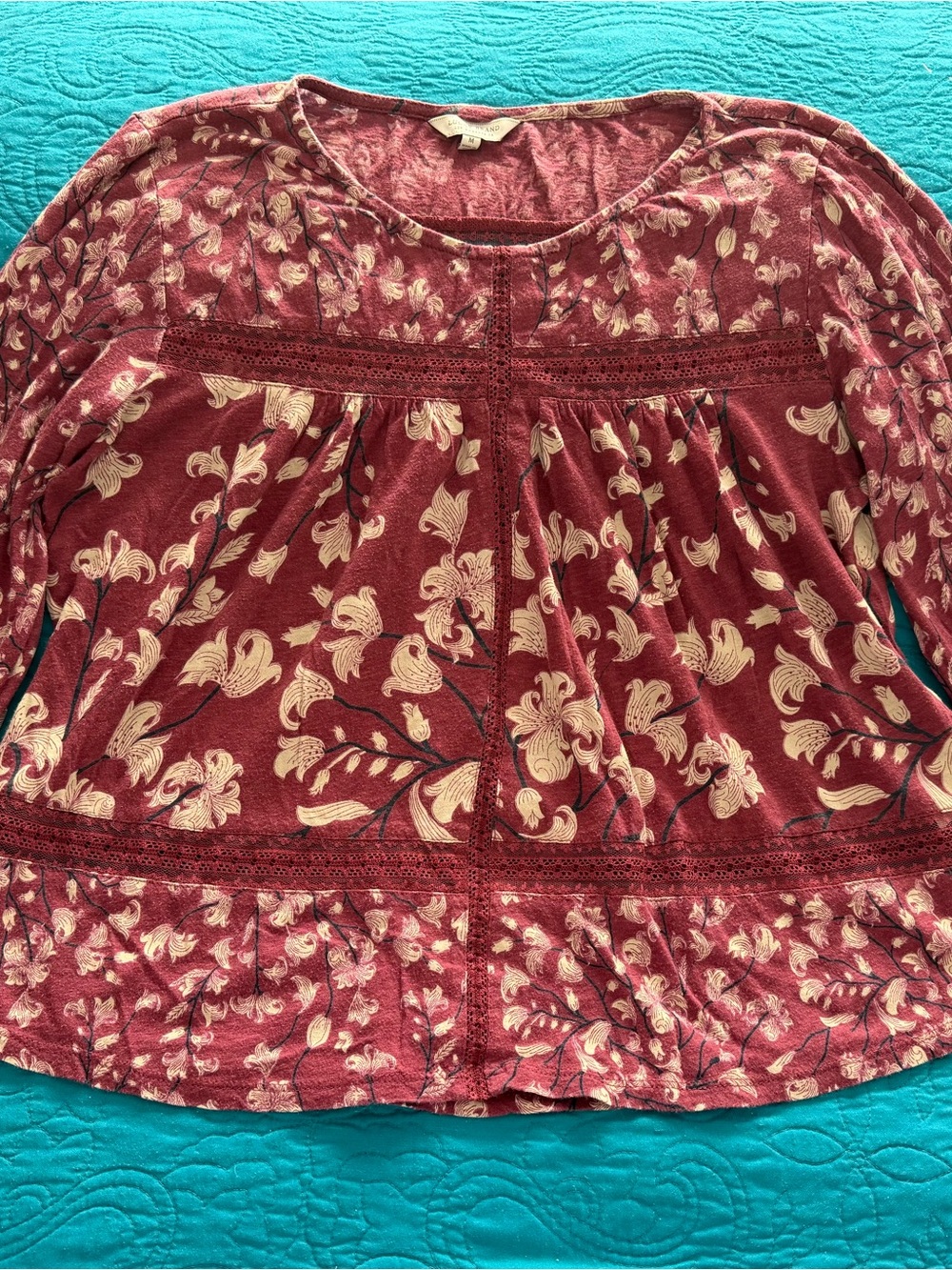 Lucky Brand Maroon Floral Tunic with Cream Blossoms